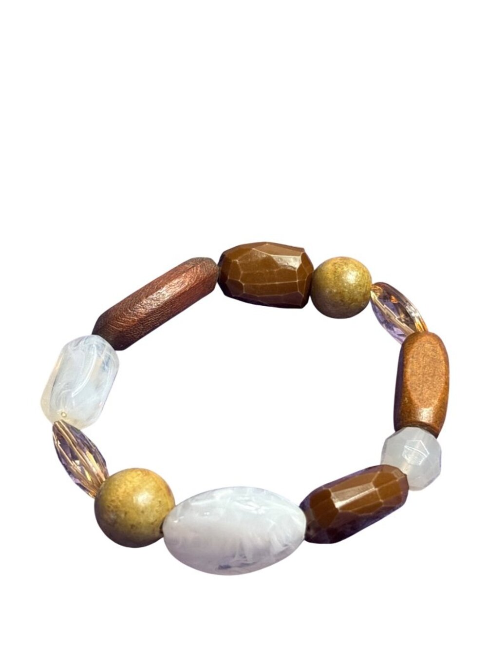Wooden Plastic Beaded Stretchy Bracelet Neutral 7.25 inches